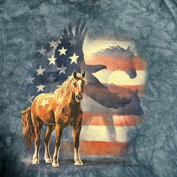 The Mountain Tie Dye Horse Eagle Wolf American Flag Graphic T-Shirt Blue Men 2XL - Picture 6 of 12